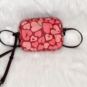 COACH Mini Camera Bag In Pink Coated Canvas with Hearts Prints Motive Crossbody